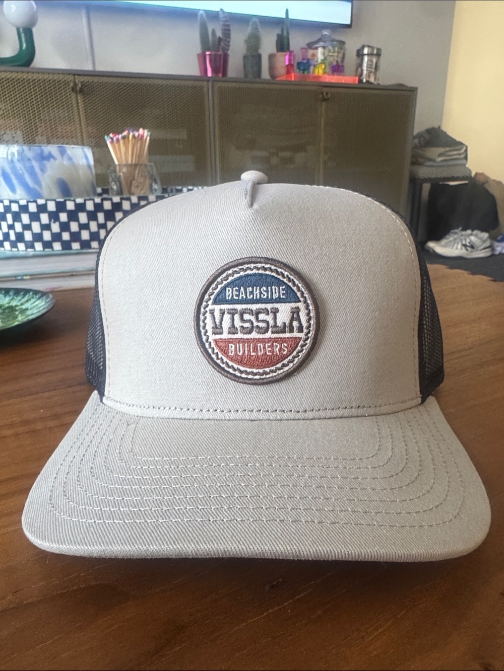 VISSLA Beachside Builders Trucker Hat in Light tan and Black